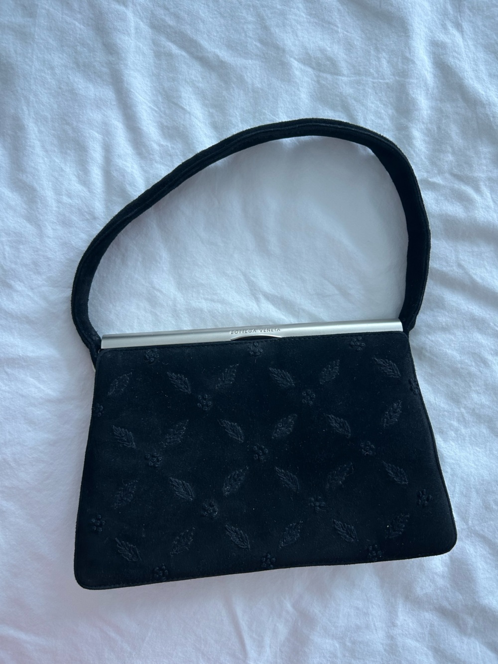 Bottega Veneta Black Suede Shoulder Bag with Silver-Tone Frame